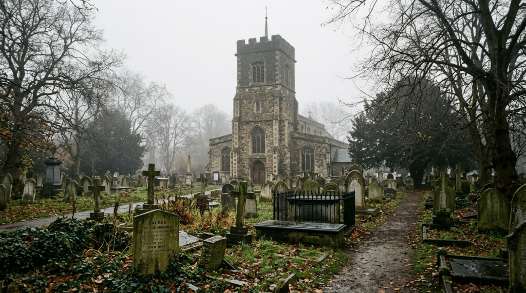 Stone church with tower surrounded by graves and pathways in a foggy cemetery